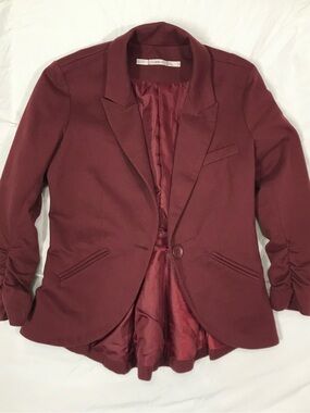 Gibson Burgundy Ruched Sleeve Blazer Small Cotton Polyester Notch Lapel